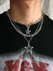 3pcs/set  punk-style star necklaces, suitable for men's hip-hop style fashion accessories, for daily outings and casual wear, Cuban link chain
