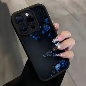 Phone case: Black Phone Case with Blue Floral Pattern on Side, Compatible for Apple 15 Pro Max/iPhone 11/11 Pro Max/11 Pro/12/12 Pro/12 Pro Max/13/13 Pro/13 Pro Max/14/14 Pro/14 Pro Max/15/15 Pro Max/15 Pro/16/16 Pro/16 Pro Max Protective Cover