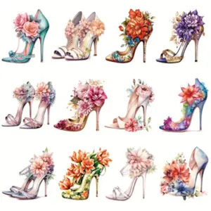 12pcs Colorful Floral High Heel Vinyl Stickers, Vibrant Flower Decorations for Clothing & Accessories, Durable and Flexible DIY Fashion Patches