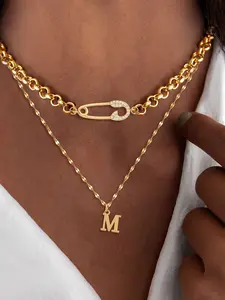 Women's Elegant Zirconia Letter Pin Pendant Necklace Set, Stainless Steel Chain Multi-Layer Jewelry, Initials Necklace for All Seasons