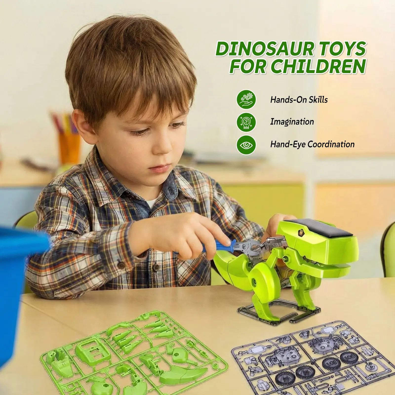3-in-1 Solar  Dinosaur Robot Solar Powered STEM Unique Transformation Renewable Sun Energy Educational Learning Engineering Building Toy 3-in-1 Science Experiment Kit Model Boys Girls Ages 8+