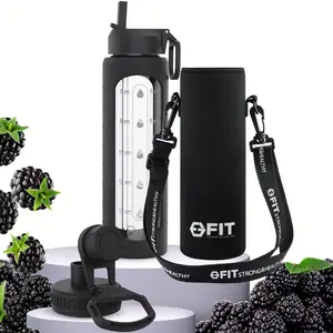 32 oz Glass Water Bottle with Time Marker, Straw Lid, Silicone Sleeve, Water Bottle Holder With Strap, plus EXTRA LID (Black Sleeve, Black Carrier) - Reusable Borosilicate Glass Tumbler , Wide Mouth Drinkware Set