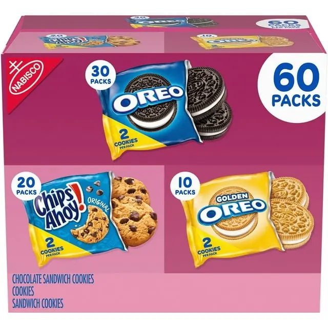 Nabisco Oreo, Chips Ahoy, and Golden Oreo Cookies - 60 Packs of 2 Cookies Each - Perfect for Snacking and Sharing