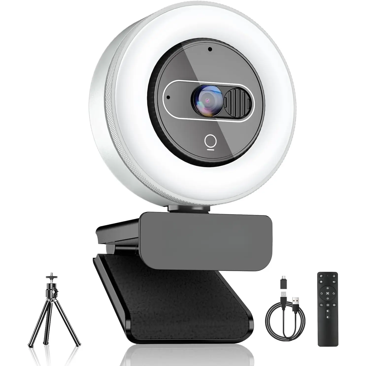 4K Webcam with Light, HD Webcam for PC with Remote Control, Built-in  Cover, Adjustable Brightness, Noise Reduction Mics, for Zoom Skype Teams Laptop and  Meet