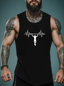 Men's "Fitness Heartbeat" Graphic Tank Top - Minimalist Pull-Up Silhouette & ECG Line Print, Athletic Fit, Perfect for Gym Training, Calisthenics, Bodybuilding & Fitness Motivation, Workout Statement Tank, Sleeveless Gym Tops, Fitness Sport Top