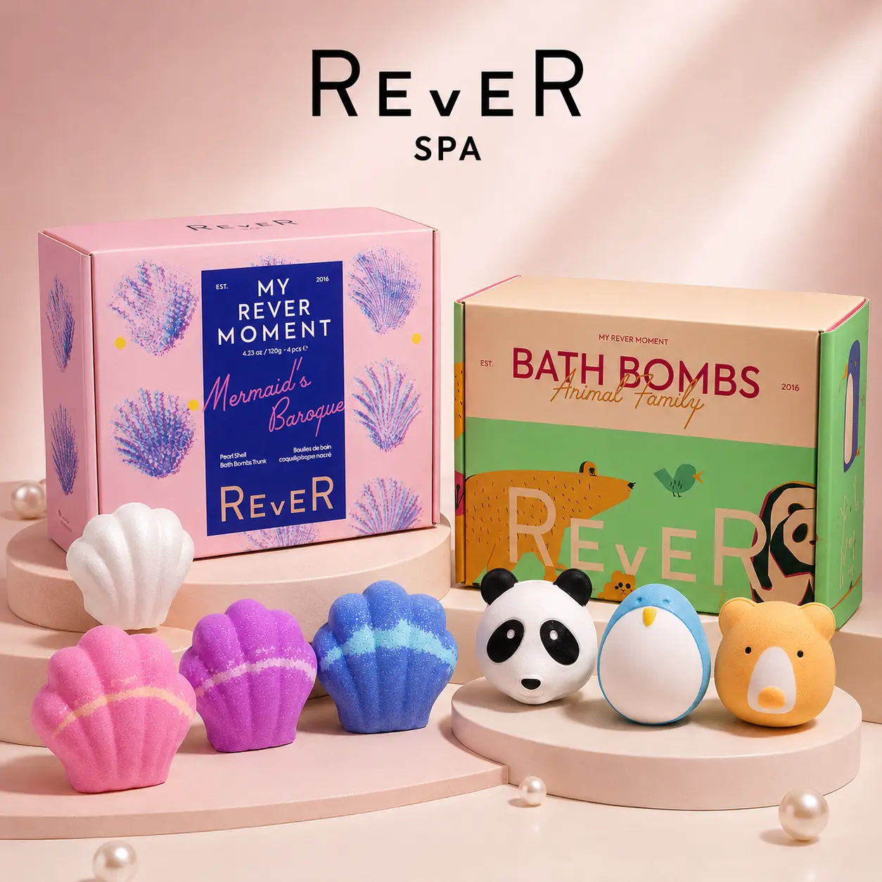 REVER SPA Bath Bomb Gift Set, Pearl Shell & Animal Collection, Luxury Aromatherapy Bath Bombs for Women Kids, Self Care Spa Gift Box