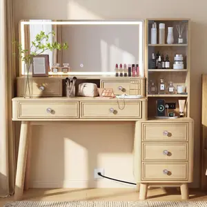 Furmax 48" Wood Vanity Desk with Mirror and LED Light, Makeup Vanity Desk with Storage Drawers & Transparent Glass Cabinet & Charging Station for Women and Girls, Dressing Table for Bedroom, Gift for Girlfriend, Daughter, Sister - Oak