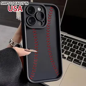 Simple Sports Style Mobile Phone Case with Black Background and Red Baseball Stitching Pattern for iPhone 16 15, 14, 13, 12, 11 Pro Max, XS, XR Protector Screen Protector
