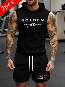 Men's "GOLDEN Jung Kook" 2-Piece Gym Set - Sleeveless Hoodie & Shorts, Athletic Outfit for Workouts, Trendy K-Pop Fan Fashion Piece