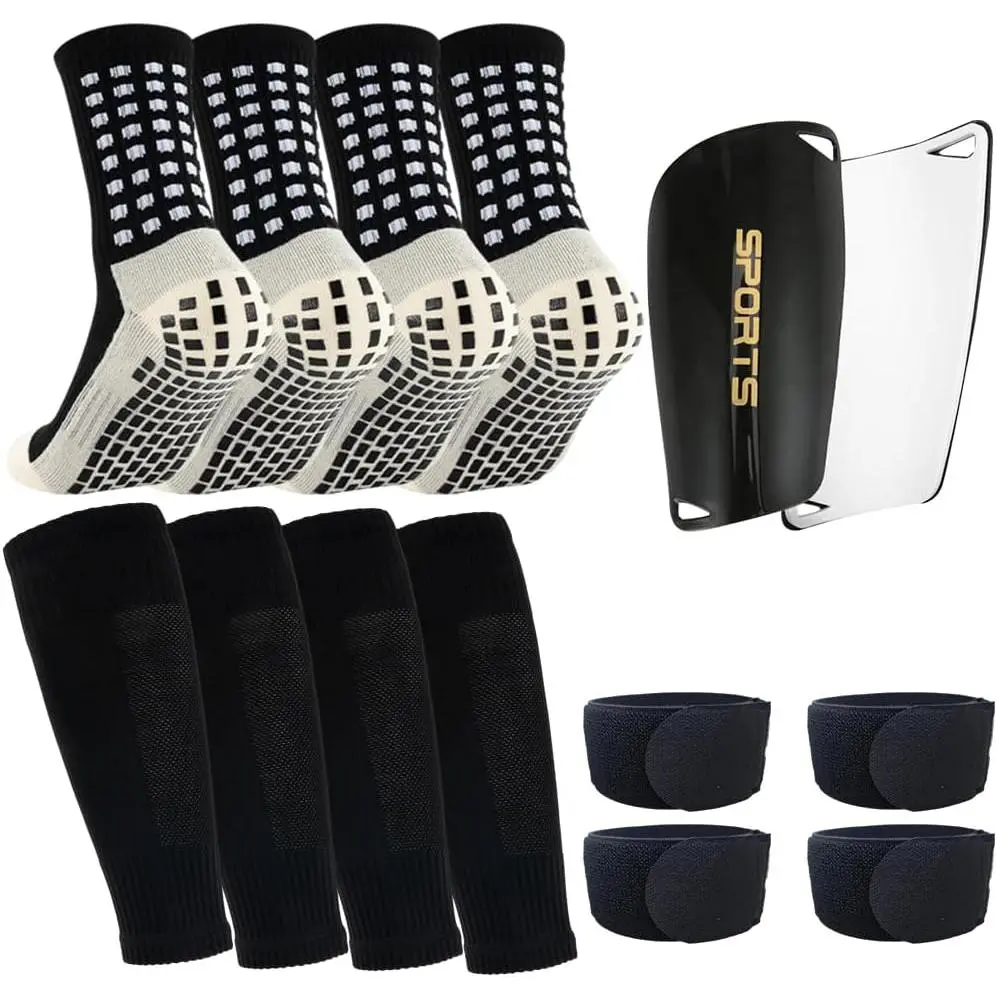 2 Pairs Mens Grip Soccer Socks, 2 Pairs Shin Sleeves with 1 Pack Shin Guards and 4 Shin Straps, Soccer  Set 9 count JianShuLuxe