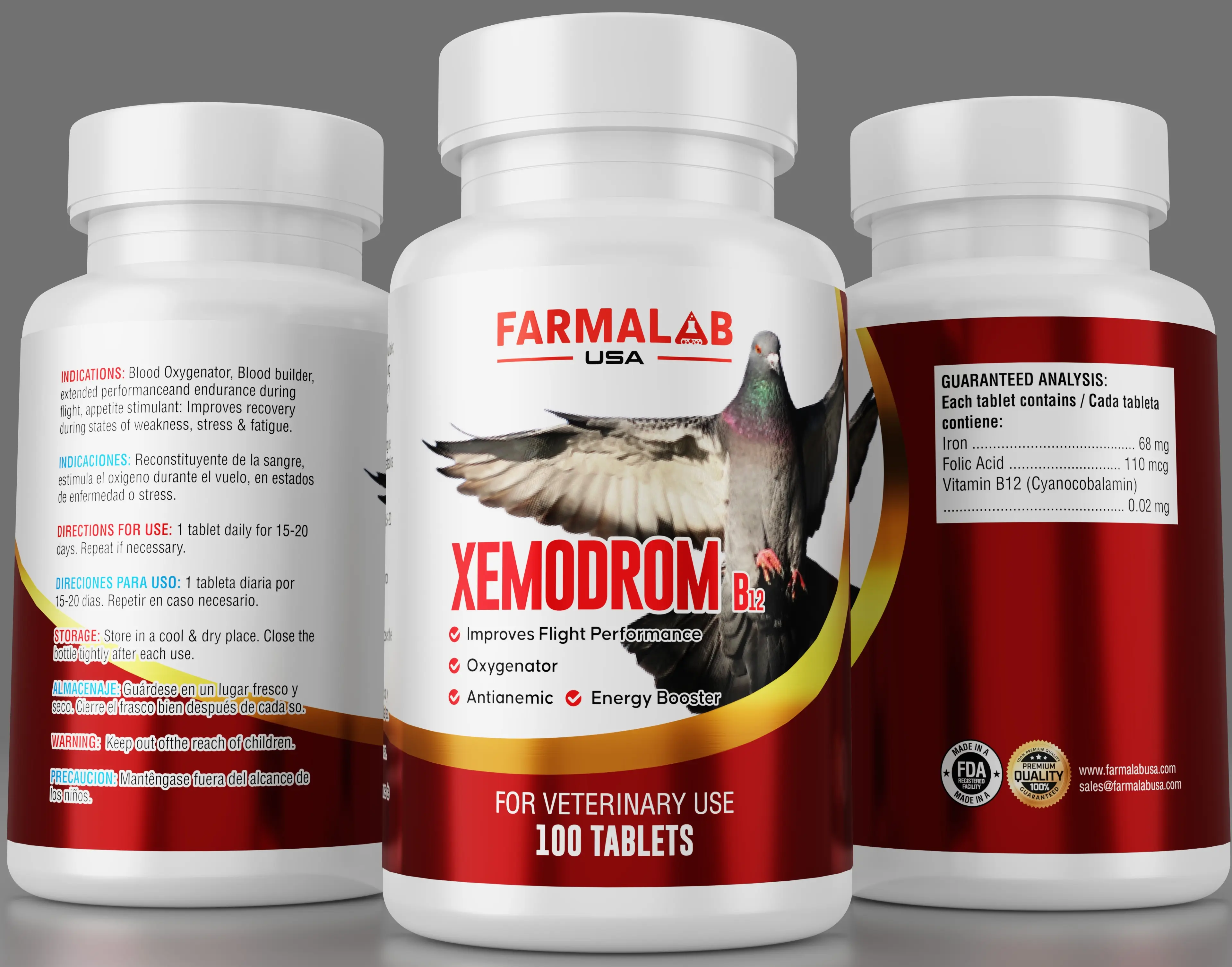 Farmalab Xemodrom B-12 Pigeon Bird Supplement Tablets, 100-Count, 24-Month Shelf Life - Oxygenator, Energy Booster, Anti-Anemia Folic Acid, Stress Relief, Improves Recovery, Enhances Flight Performance