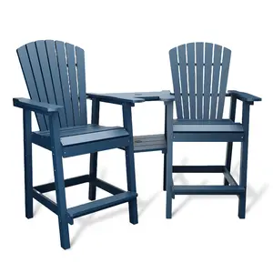Outdoor Bar Height Adirondack Chairs Set of 2 with Removable Connecting Tray and Umbrella Hole, Recycled HDPE Tall Adirondack Balcony Chairs with Footrest, Weather Resistant Patio Deck Backyard Porch Seating
