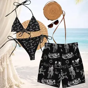 Western Cowboy Toile Print Couples Matching Swimwear Set Women Triangle Tie Bikini Men Board Shorts Summer Beach Vacation Sunbathing Pool Party Country Music Festival Rodeo Gift Comfortable