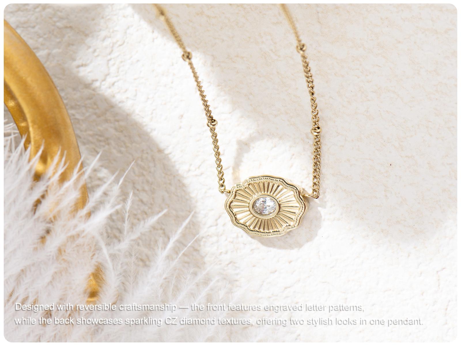 Holylegend 14K Real Gold-Plated Mini Letter Scalloped Edge Pendant Necklace, Reversible Western Style Jewelry for Men & Women