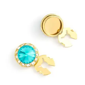 Men's Gold/Aquamarine Button Cover Cuff-Link With Crystal Stud Centered Surrounded By Crystal Studs