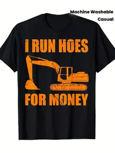 Men's Construction Worker Humor T-Shirt - Bold "I Run Hoes for Money" Excavator Graphic Tee - Heavy Machinery Design in Black & Orange - Crew Neck Casual Shirt for Construction Sites, Labour Day Events - Machine Washable Statement Apparel