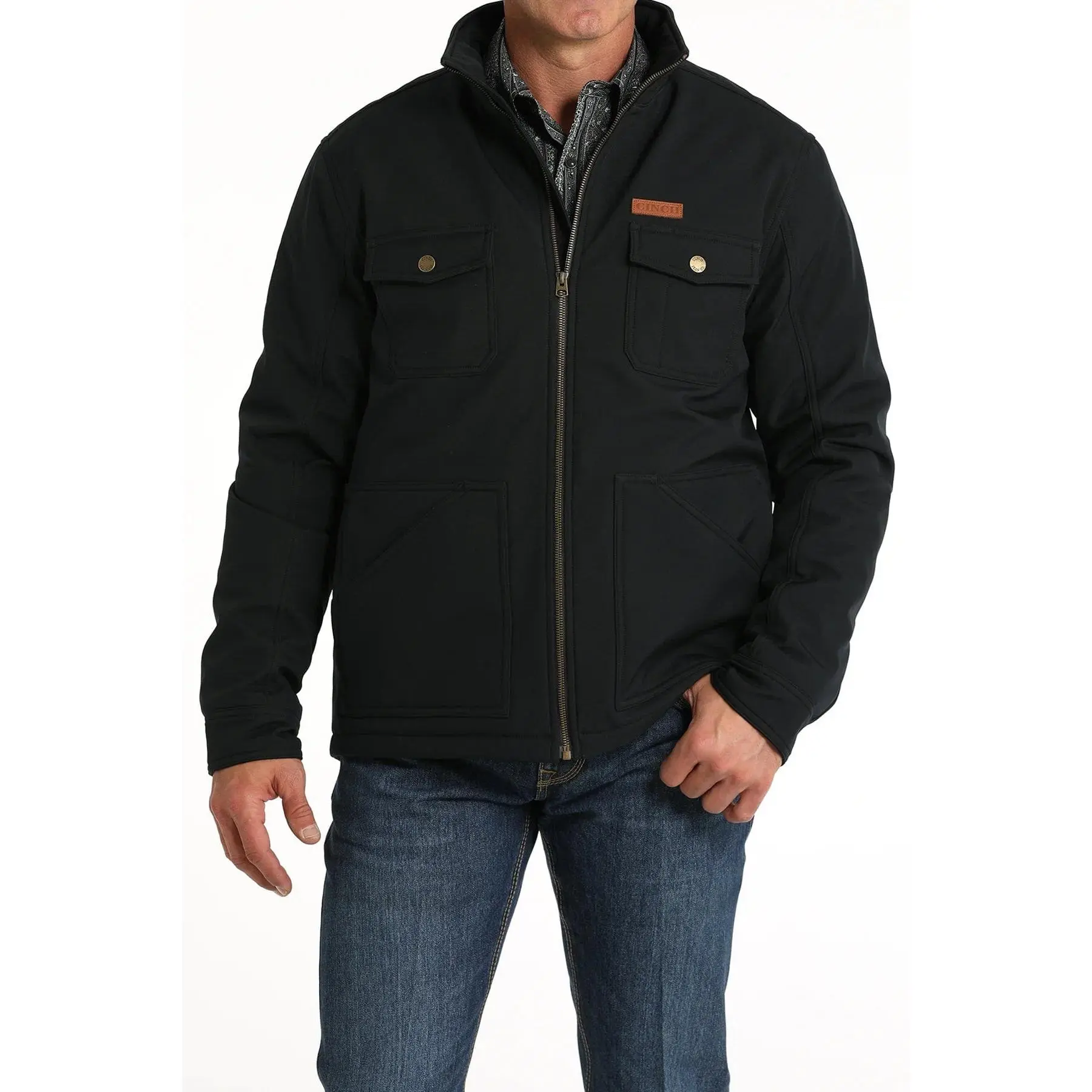 Cinch Men's Bonded Concealed Carry Leather Jacket - Casual Long-Sleeve Menswear Top with Fleece Lining, Zippers, Pocket, DWR Finish, Jackets, Longsleeves, Concealment, Brushed Twill, Snap Cuffs