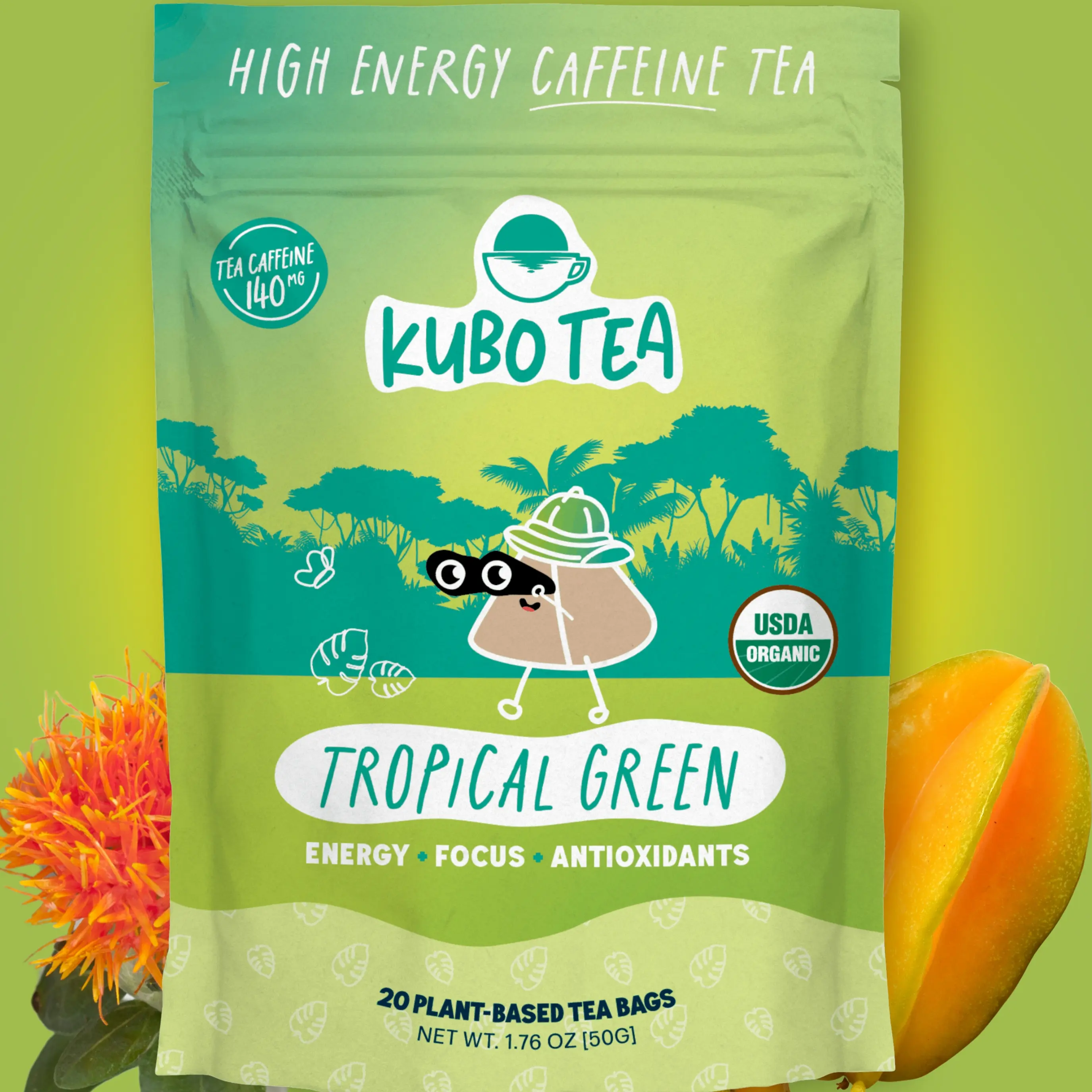 Kubo Tea: Tropical Green Organic High Caffeine Tea (140 mgs), 20 compostable tea bags, Coffee Replacement