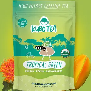 Kubo Tea: Tropical Green Organic High Caffeine Tea (140 mgs), 20 compostable tea bags, Coffee Replacement
