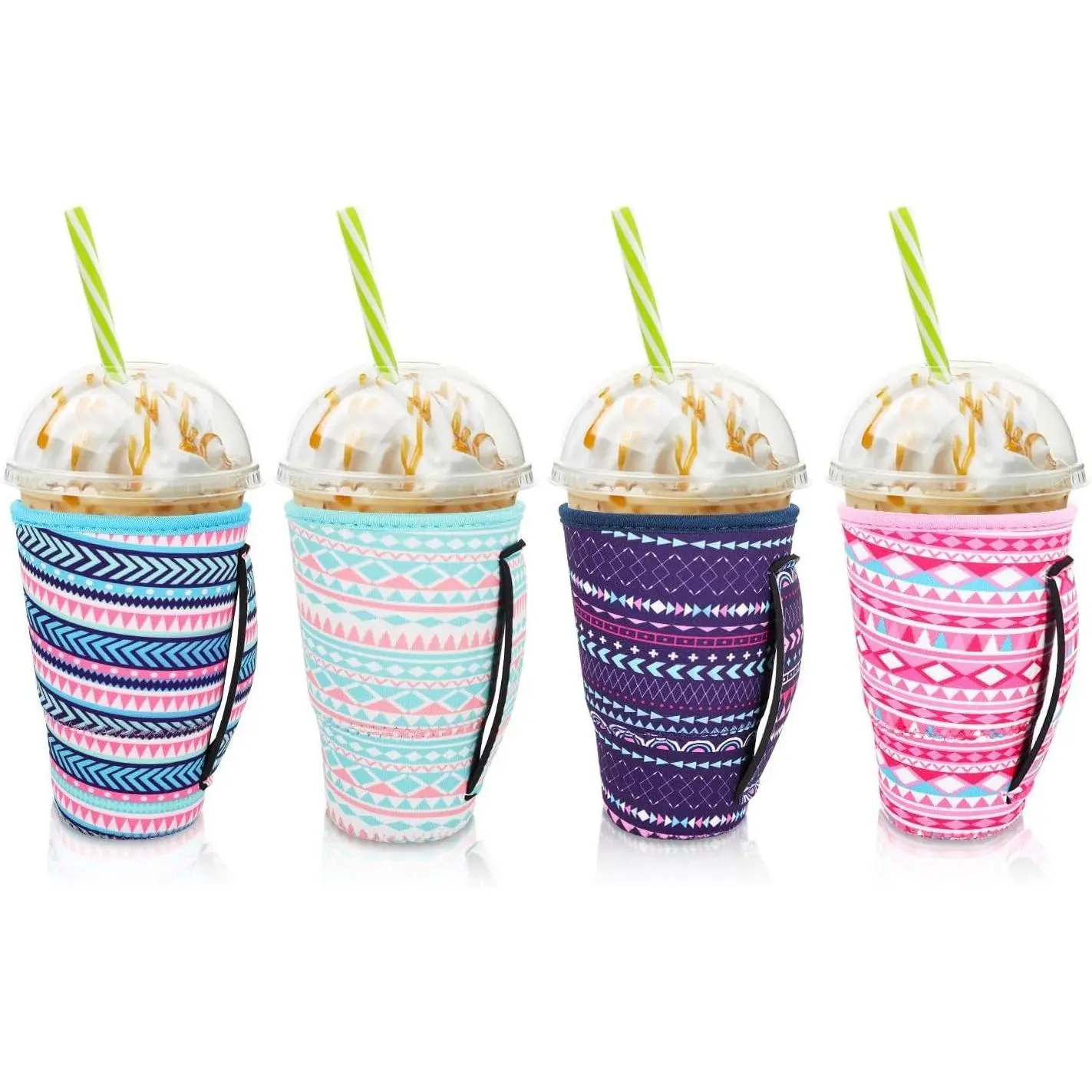 4Pack Reusable Iced Coffee Sleeve Insulator Sleeves for Cold Drinks Beverages, Neoprene Cup Holder for Most Coffee, Fits 30-32oz Large Cups (Geometric)
