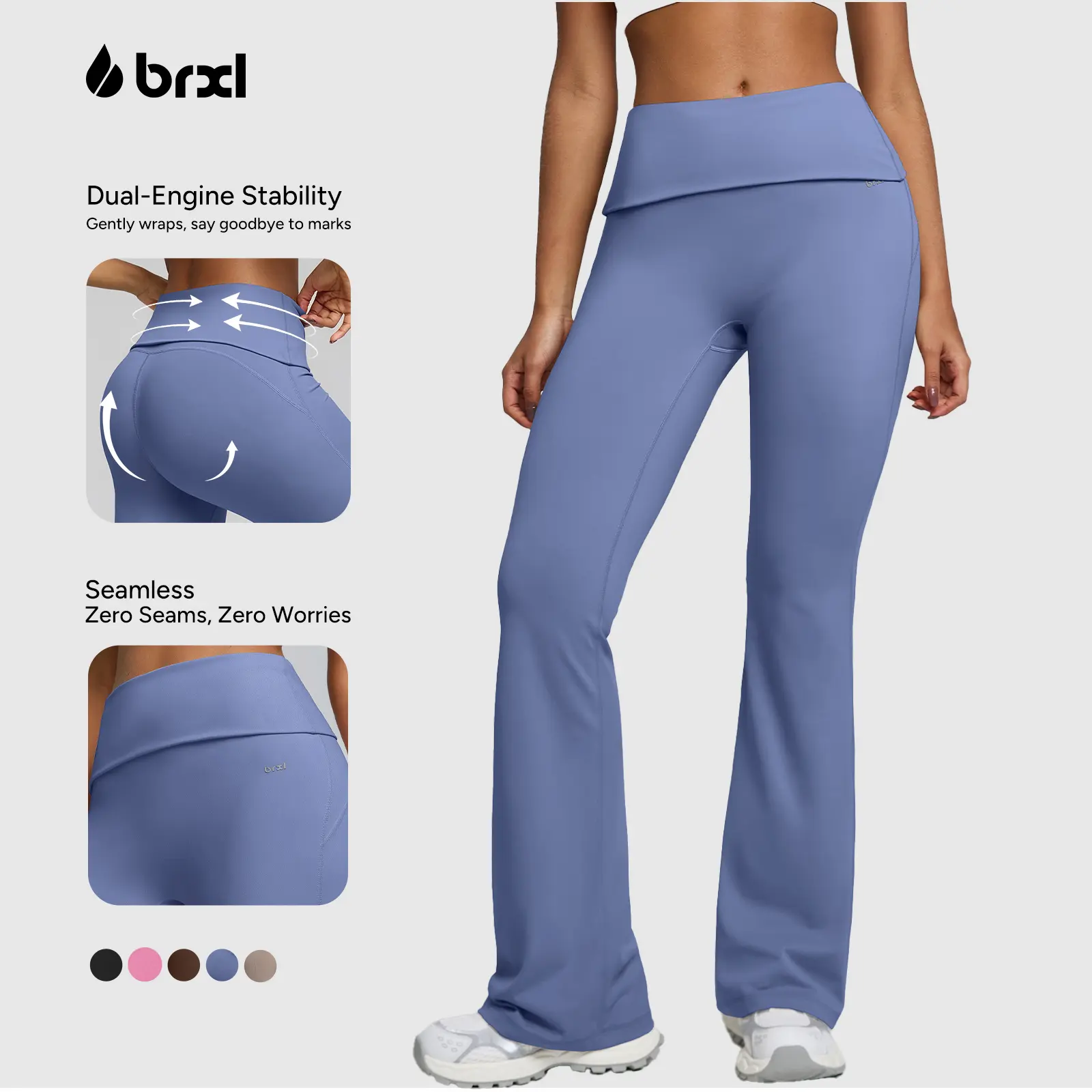 BRXL Tall Ladies' 31" High Waisted No Front Seam Fold Over Flare Leggings - Buttery Soft Minimalist High Compression Athleisure Pants for Gym, Lounge, High Compression Leggings