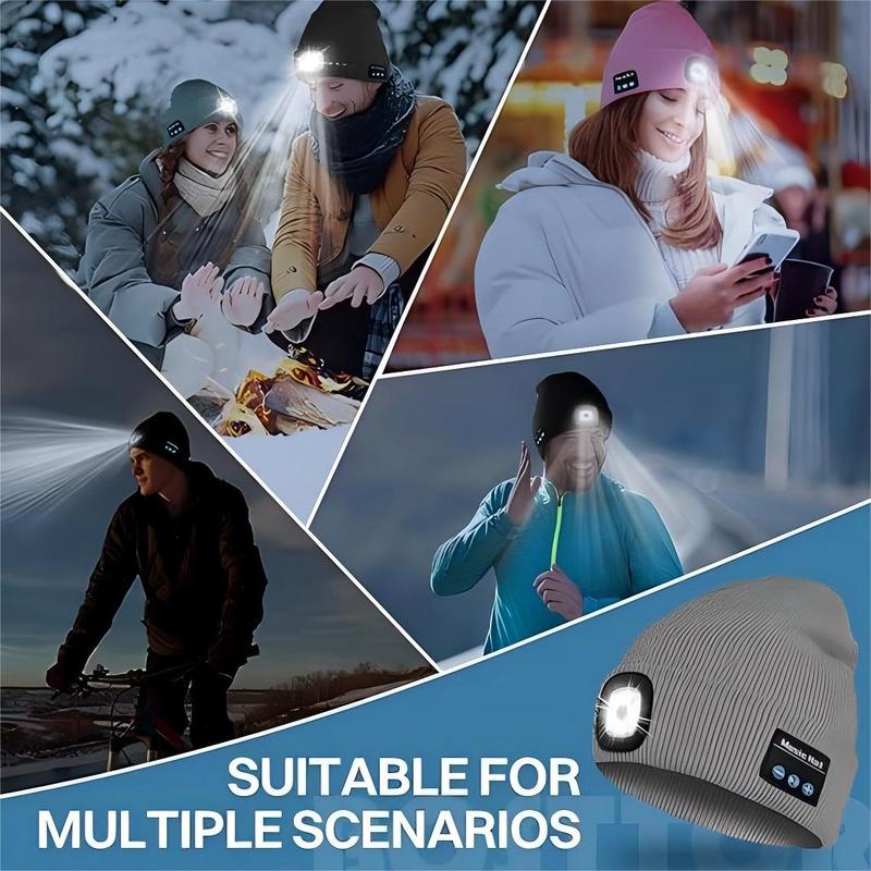 Bluetooth Beanie with LED Light - USB Rechargeable Headlamp Hat, Built-in Speaker & Mic for Music, Calls & Outdoor Fun! Perfect Valentine's Day Gift Lightweight Running Athletic Hat baseball sport accessory