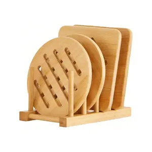 5pcs Trivets For Hot Pots  Pans Bamboo Trivet Hot Pads For Kitchen Counter Trivet Stand Mat Set Coaster For Kitchen Wooden Heat Resistant Holder For Bowl/Dishes/Teapot/Table (4pcs+1rack)