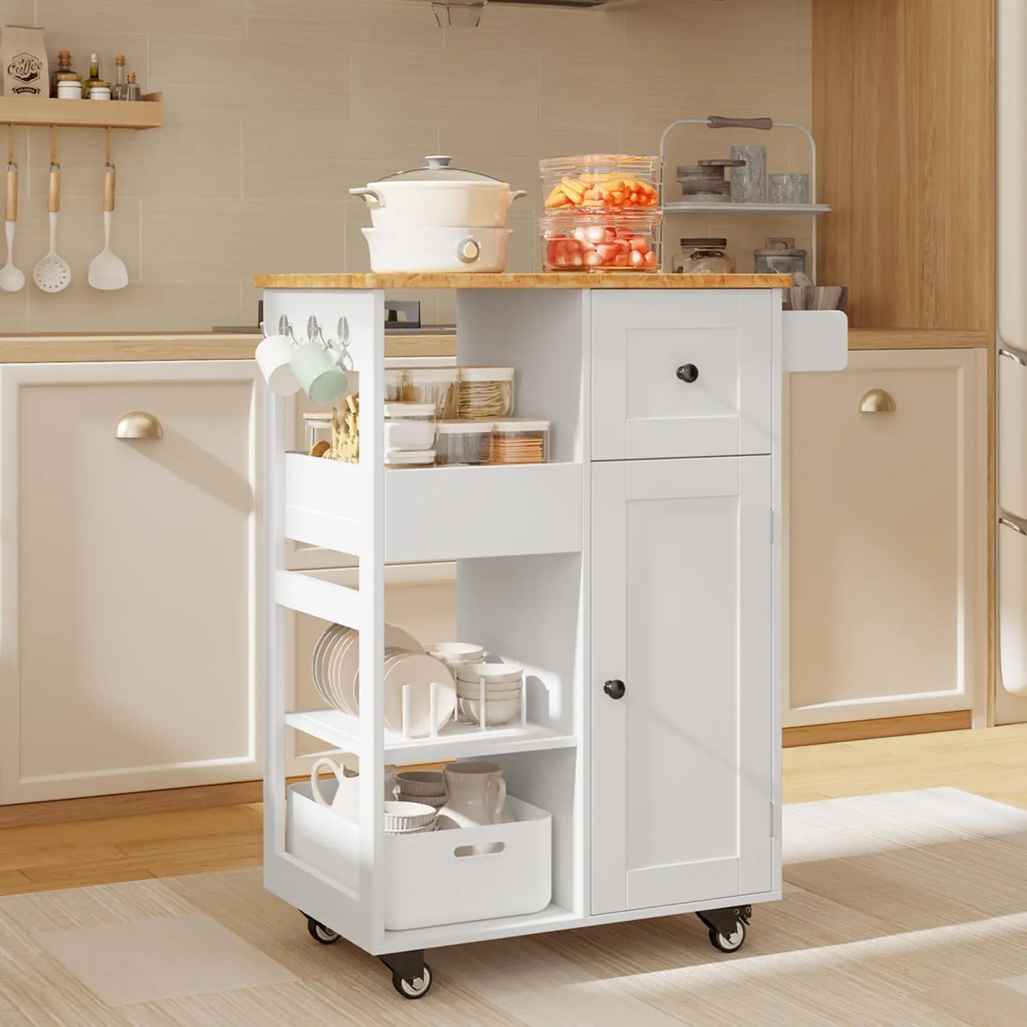 Gizoon Kitchen Island Cart with Drawers and Doors | Rolling Serving Utility Cart, Bar Cart with Adjustable Shelf and Removable Tray for Dining Room, White, Tabletop-Oak Color