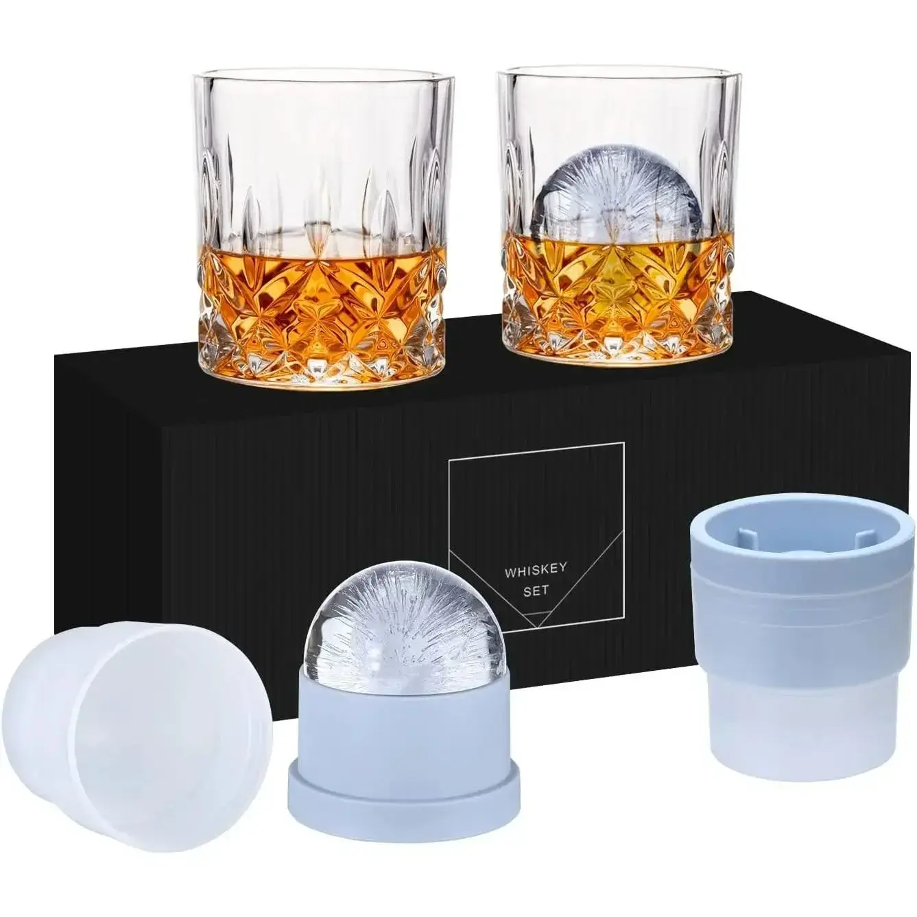 Whiskey Rocks Glass, Set of 4 (2 Crystal Bourbon Glasses, 2 Round Big Ice Ball Molds) In Gift Box - 10 Oz Old Fashioned Glasses for Scotch Cocktail Rum Cognac Vodka Liquor, Unique Gifts for Men Stylish Drinkware Tumblers Glassware Set