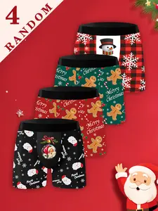 Random 4 pcs  Christmas printed cartoon | comfy breathable stretch boxer shorts | for running, sports, fitness | Christmas - style men's underwear | seasonal clothing | snowman, gingerbread man prints | Christmas gift | Stretchy Boxer Briefs