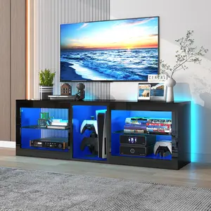55in LED TV Stands for 55/60 inch TV, High Gloss Entertainment Center with 60,000-Colors LED Lights, 6.5ft Power Outlet , Modern TV Cabinet with Adjustable Glass Shelves for Living Room, White/Black