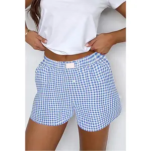 Blue Vintage Gingham Print High Waisted Loose Shorts