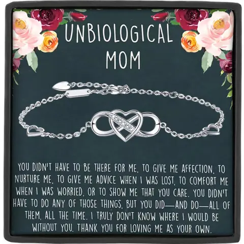 "Unbiological Mom" Infinity Heart Zirconia Bracelet with Card and Gift Box, Bonus Mom Gift, Step Mom Gift, Elegant Jewelry