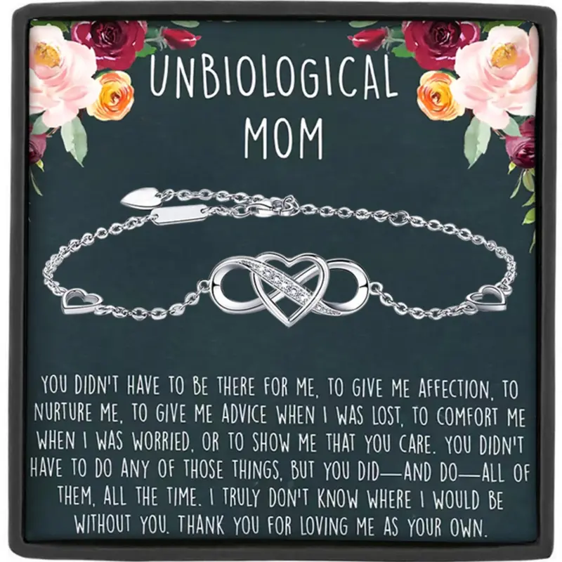 "Unbiological Mom" Infinity Heart Zirconia Bracelet with Card and Gift Box, Bonus Mom Gift, Step Mom Gift, Elegant Jewelry