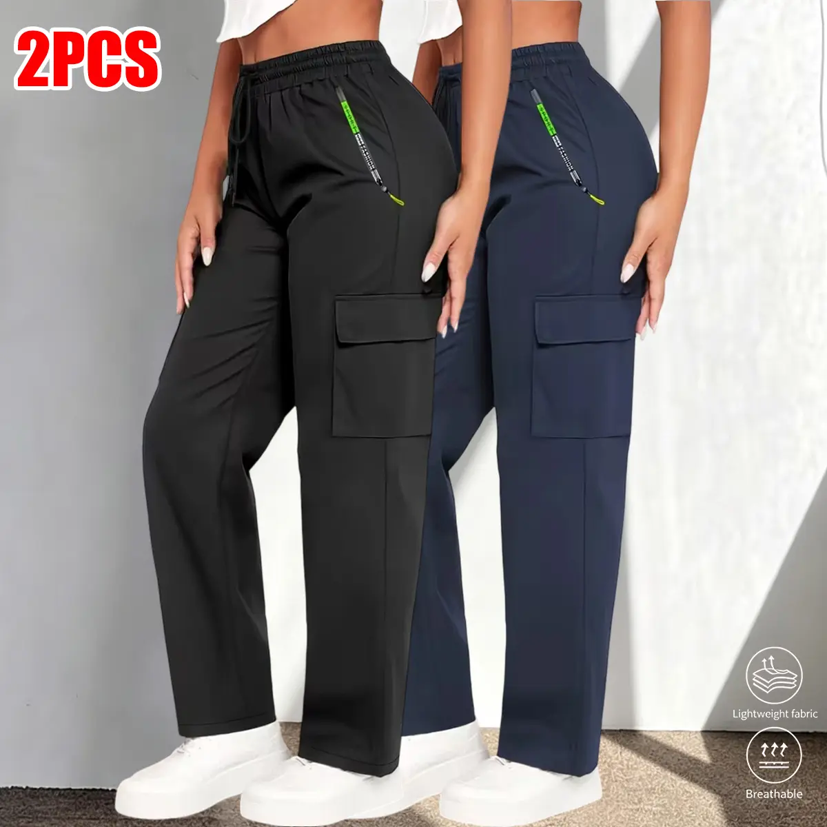 Two-pack women’s cargo pants for spring/autumn, featuring zippered pockets and a stylish large patch pocket design, drawstring elastic waistband, casual outdoor long pants suitable for jogging and everyday wear; women’s cargo long pants.