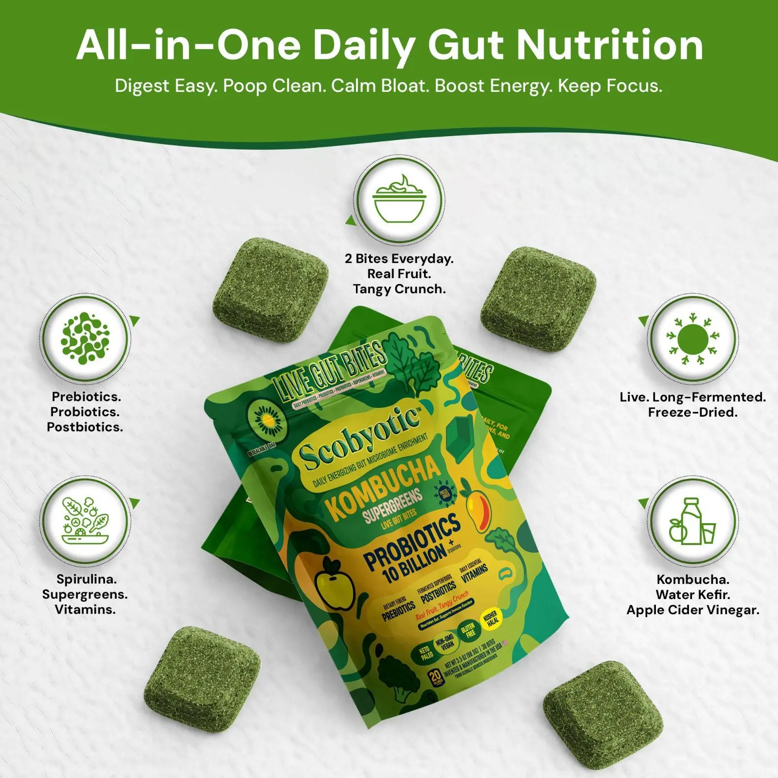 Scobyotic Daily Kombucha Bites – Freeze-Dried Superfood Supplement with Probiotics, Prebiotics & Postbiotics & Vitamins | Gut-Friendly Wellness Snack | 30 to 35 Count Bonbon