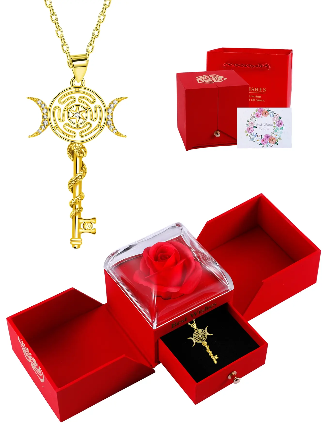 Gold Plated Hecate Key Necklace With Rose Jewelry Gift Box, Triple Moon Goddess Pentagram Wheel Key Pendant Necklace, Witchcraft Tetragrammaton Amulet Jewelry Gifts for Women, Exquisite Jewelry Gift