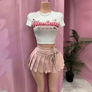 Man Eater Sets - White Crop Top with Pink Pleated Skirt for Women's Fashion
