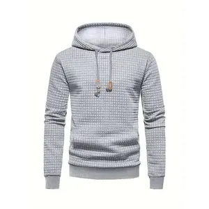 Waffle Pattern Solid Hoodie, Cool Hoodies For Men, Men's Casual Pullover Hooded Sweatshirt With Kangaroo Pocket Streetwear  As Gifts Fabric Menswear Collar Stretch Tops Long Sleeve Knife Knit Checked Plaid Grey Wetsuit Activewear Athletic Sport(Sheets)