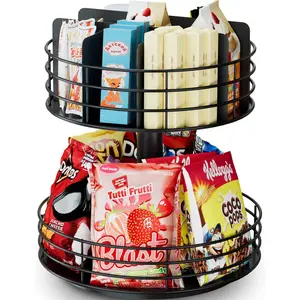 Snack Organizer - Versatile Snack 2 Tier Lazy Susan with Convenient Grab-and-Go, Snack Holder for Home, Office, Breakroom, 11.85" L x 11.85" W x 13.3" H (Black)