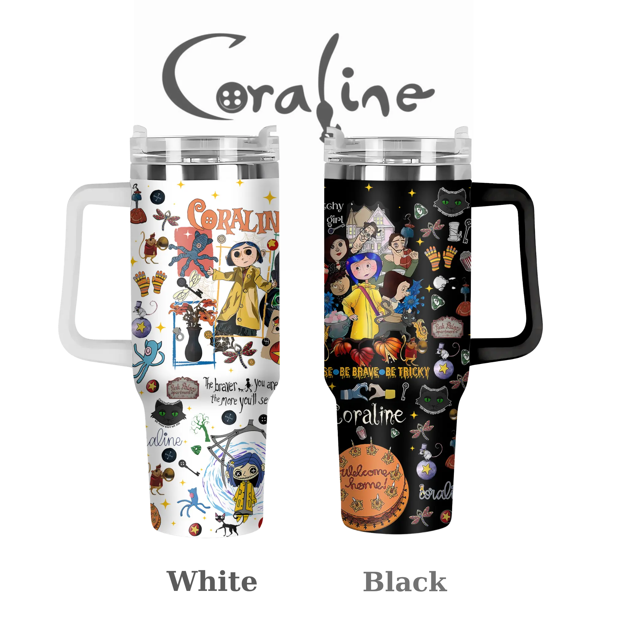Coraline Cartoon Movie 40oz Tumbler With Handle, Spooky Cute Halloween Water Bottle, Black White Travel Cup, Gift For Animation Fans