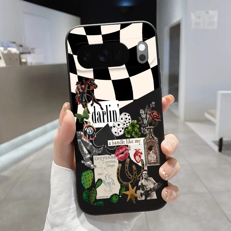 Rounded Edge TPU Phone Case for Google Pixel 10 9 8 7 Pro A XL Western Whimsy Collage Pattern Drop Protection Shockproof Soft Liquid Silicone Smartphone Cover