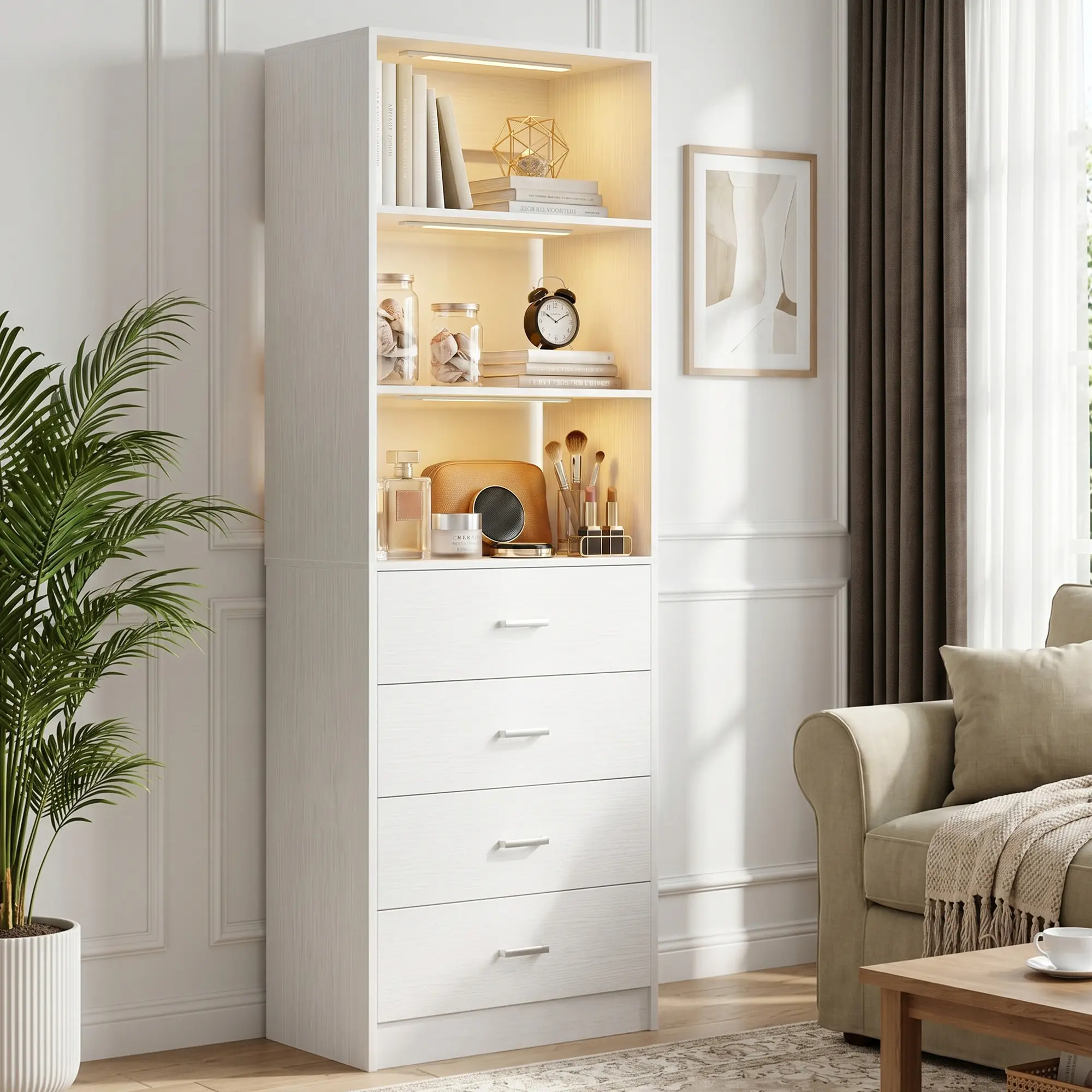 Cyclysio Modern Adjustable Tall Bedroom Dresser Furniture - 21.3''W Wood Cabinet with 3 Sensor Lights (120° & 3m Range), 4 Drawers, Aesthetic Display Shelves, Closet Storage System for Small Spaces