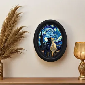 Vintage Art Style Cats Under Starry Sky Wall Mural, Unique Artwork, Retro Oil Painting Art, Home Decor for Living Room and Study