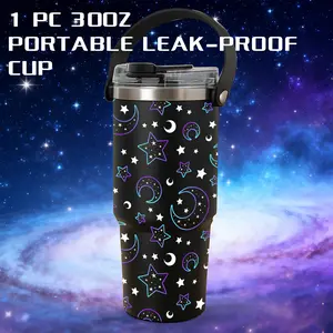 1 Pc 30 Oz Portable Stainless Steel Insulated Tumbler Drinkware with Handle and Flip Lid, Starry Night Moon and Galaxy Pattern, Double-Wall Vacuum Cup, 100% Leak-Proof, Keep Drinks Hot 12H / Cold 24H, Perfect Gift for Astronomy Lovers, Home and Office.