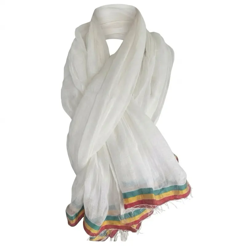 Handwoven Ethiopian Netela (ነጠላ) – White Cotton Shawl with Traditional Green, Yellow, and Red Border | Unisex Cultural Wrap for Ceremonies, Holidays & Special Events