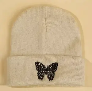 Beige Butterfly Embroidered Beanie, Y2K Hats for Women, Cool, Knit Birthday Christmas Gifts Presents Winter Fall, Menswear, Accessories, Clothing, Kids, Festival, Rave, Embroidery, Outfits, Fall