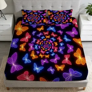 2/3 Pcs Neon Butterfly Vortex PatternFitted Sheet Set Set(1*Fitted Sheet+1/2*Pillowcase,No Filling),High-Definition Digital Printing, Soft And Comfortable Fabric,Suitable For All Year Round, Perfect Gift For Family And Friends On Festivals!