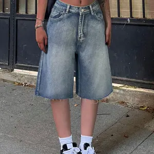 Y2K Vintage Slant Pocket Fringe Hem Wide Leg Bermuda Jeans Denim Jorts Casual Shorts