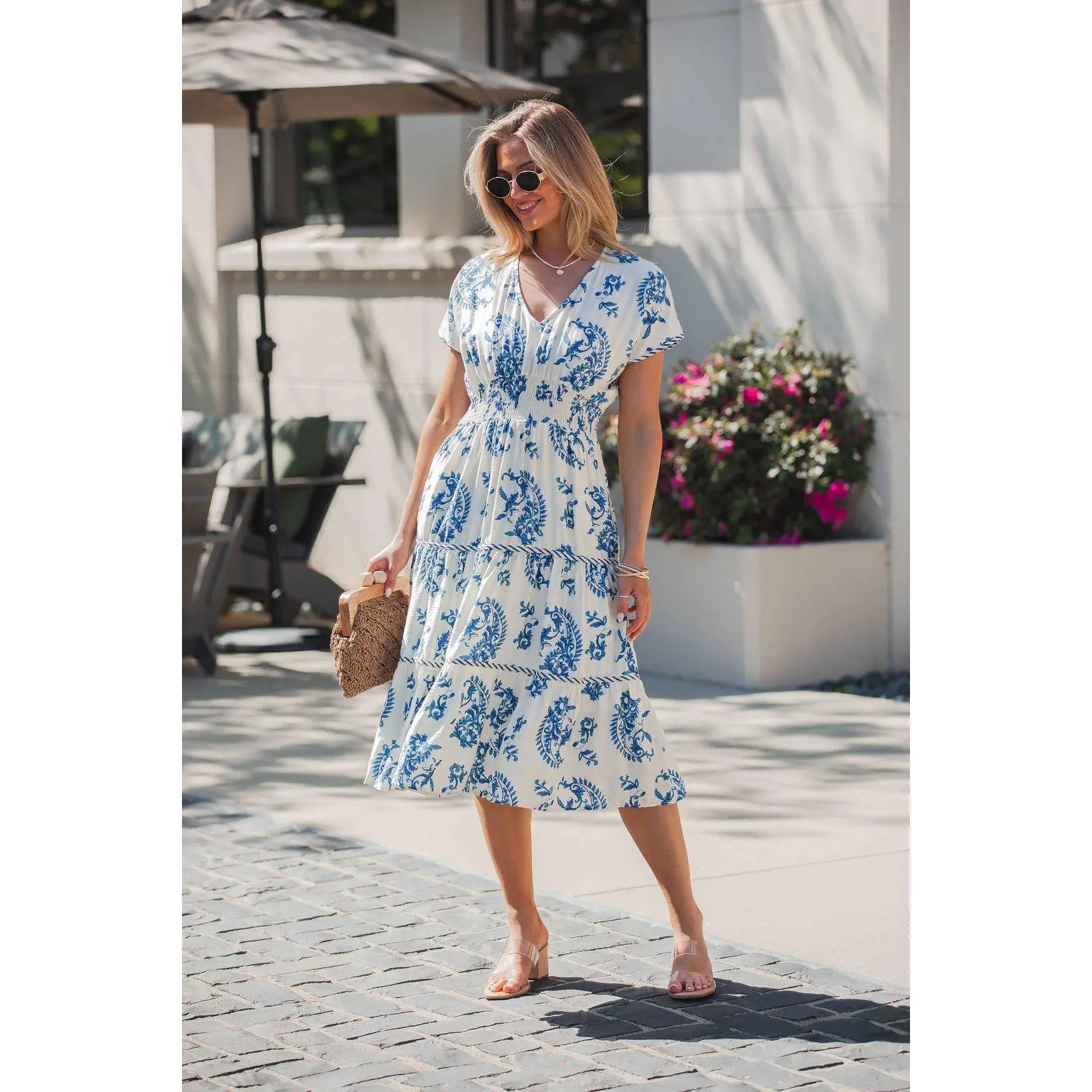 Easton Blue Print Smock Tiered Midi Dress - FINAL SALE